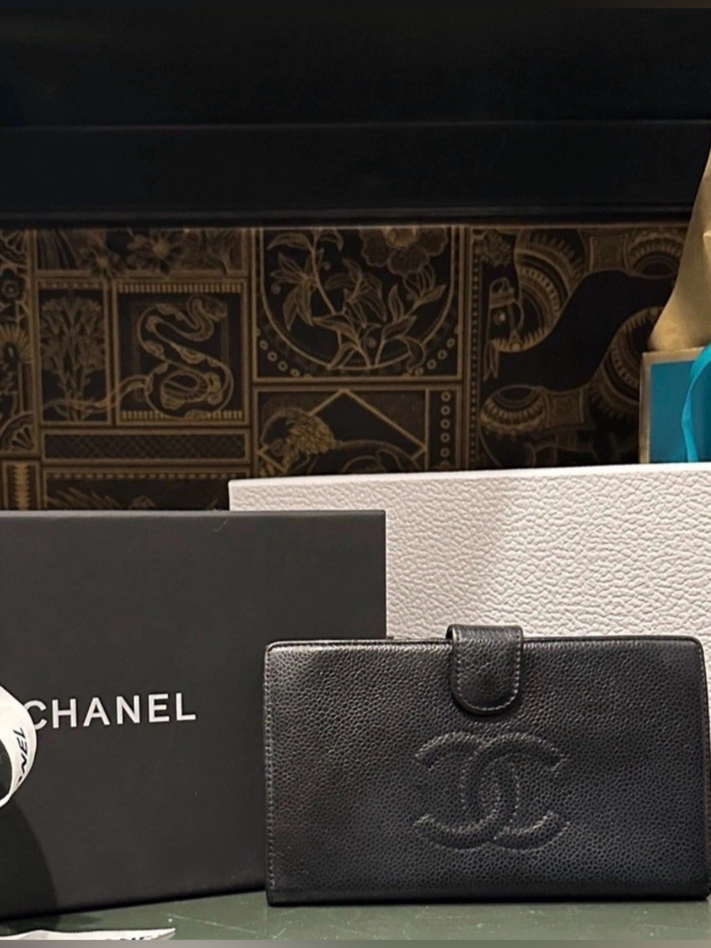 CHANEL Black Leather Wallet with Gold Hardware and Yellow Authentication Sticker